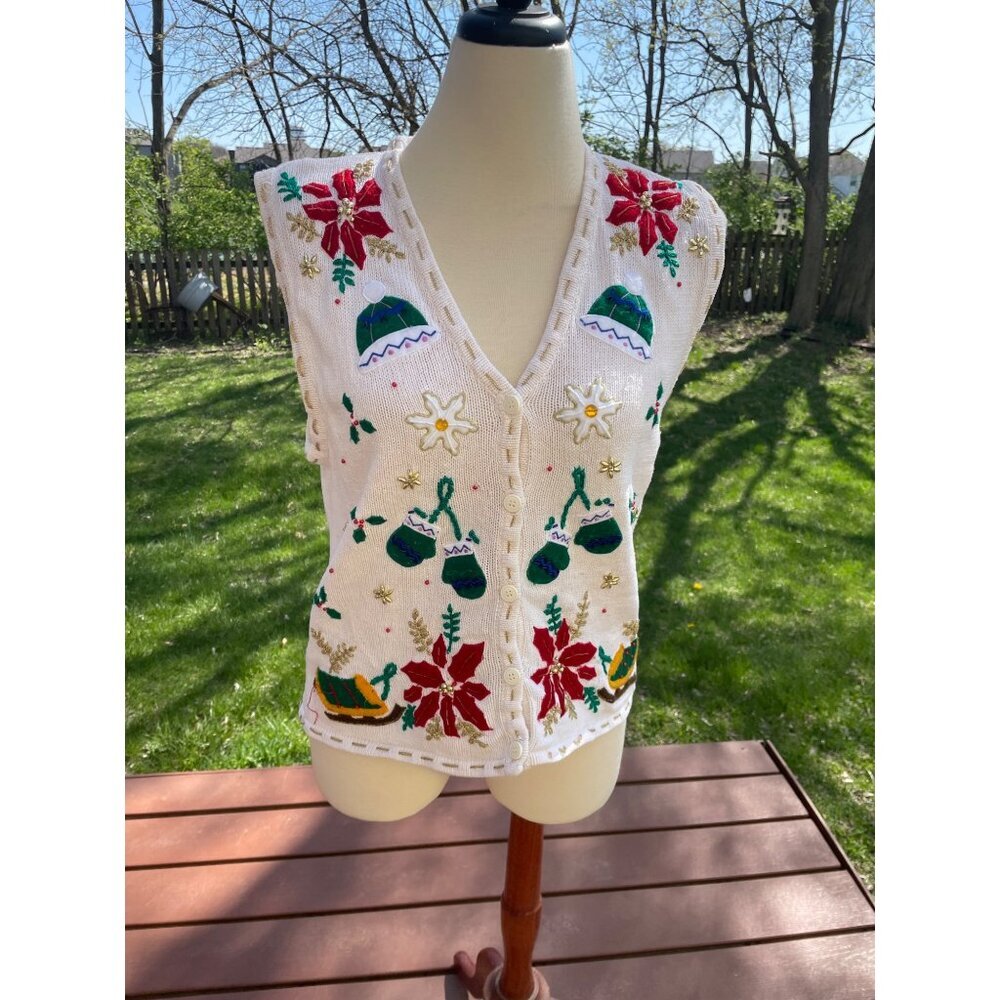 Vintage White Holiday Sweater Vest With Festive Christmas Designs Beaded Details